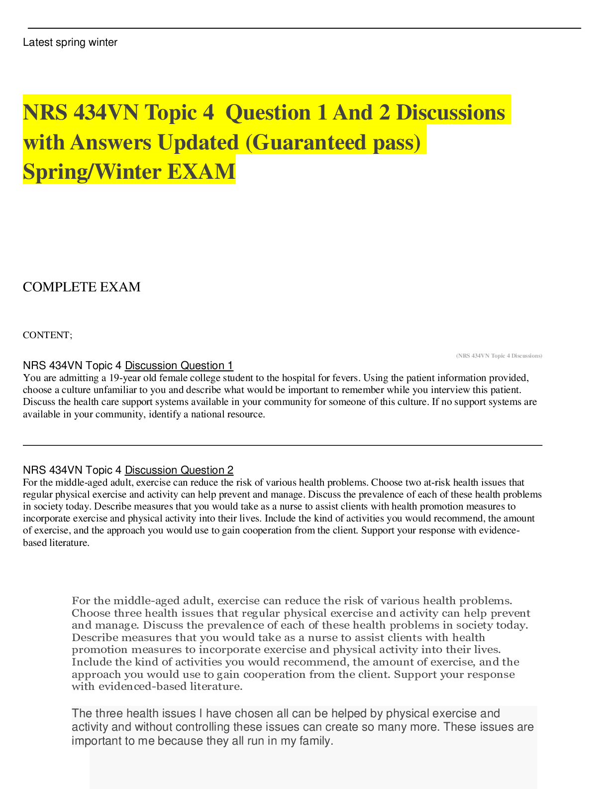 Preview of NRS 434VN Topic 4  Question 1 And 2 Discussions with Answers Updated (Guaranteed pass) Spr
